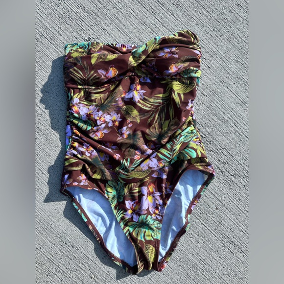 Shade & Shore Other - Shade & Shore Floral strapless One Piece Swimsuit - Brown and Green NWT